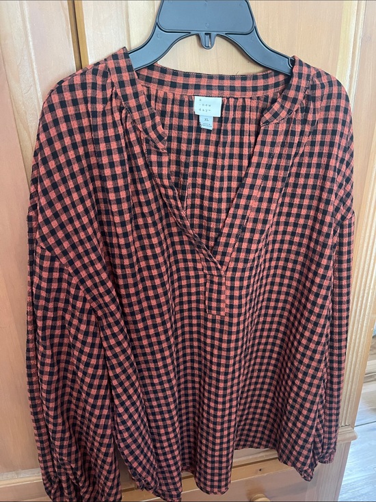 a new day Tops - a new day Orange and Black Plaid V-Neck Blouse